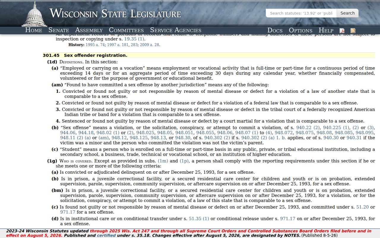 Wisconsin registration statute for a Sawyer County sex offender check