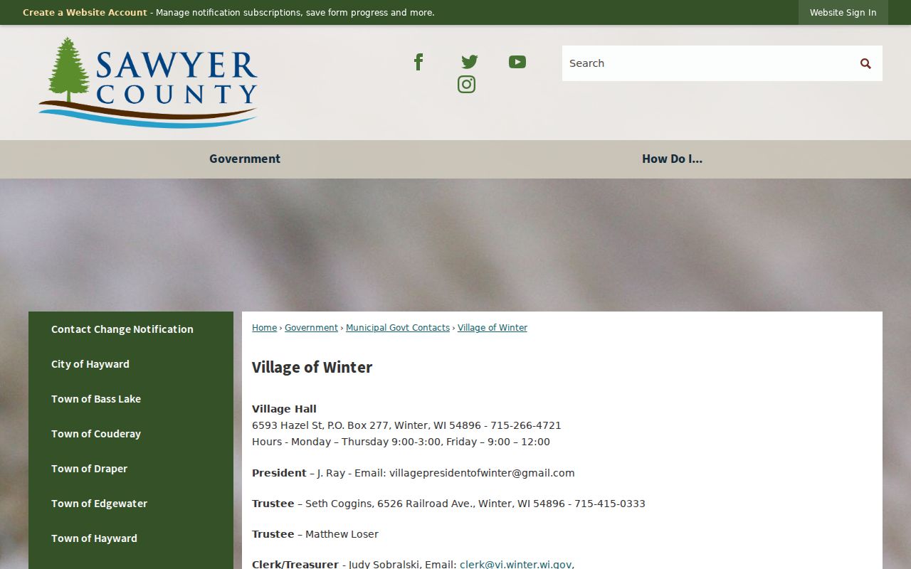 Winter criminal records contact information for the Village of Winter