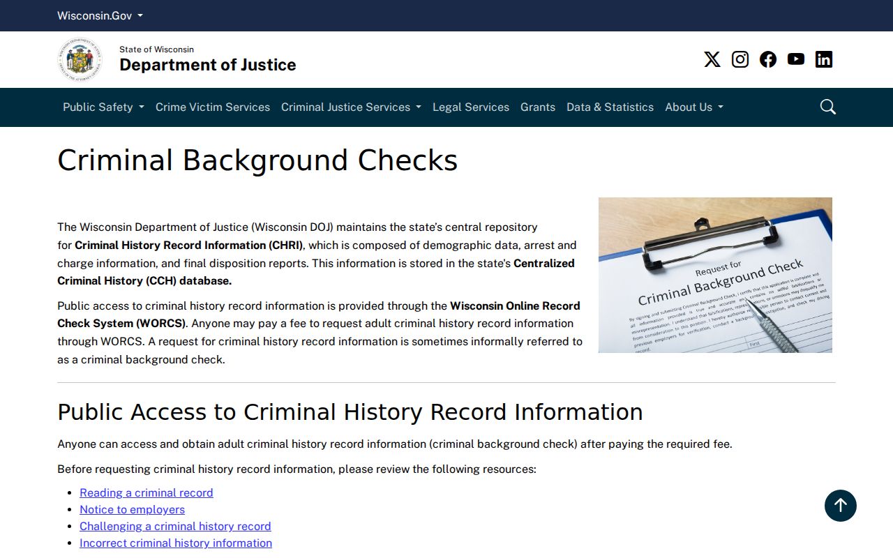 Sawyer County criminal history access through Wisconsin DOJ background checks